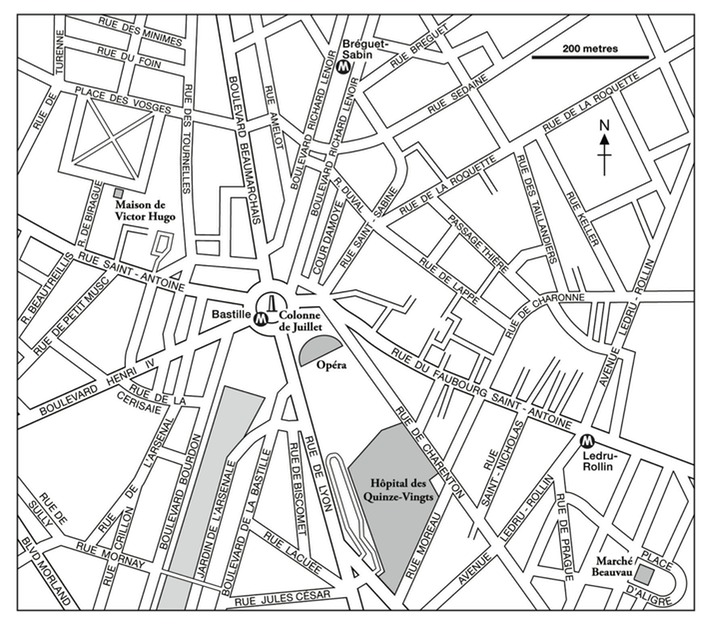 Road map of the area surrounding the Bastille, Paris.