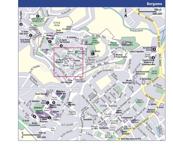 Street map of Bergamo showing sites of interest.