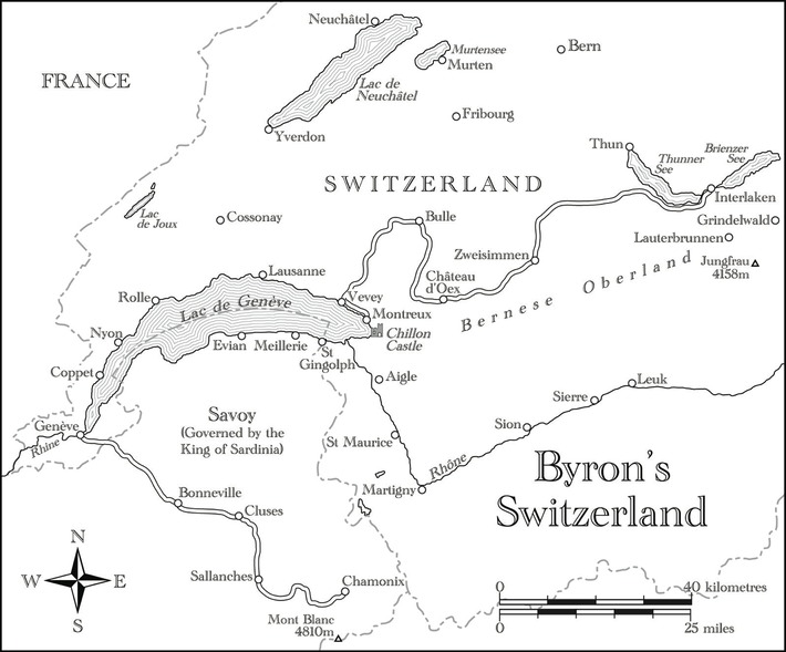 Map showing places visited by Byron in Switzerland.