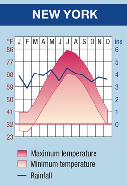 Climate chart showing temperature and rainfall for New York.