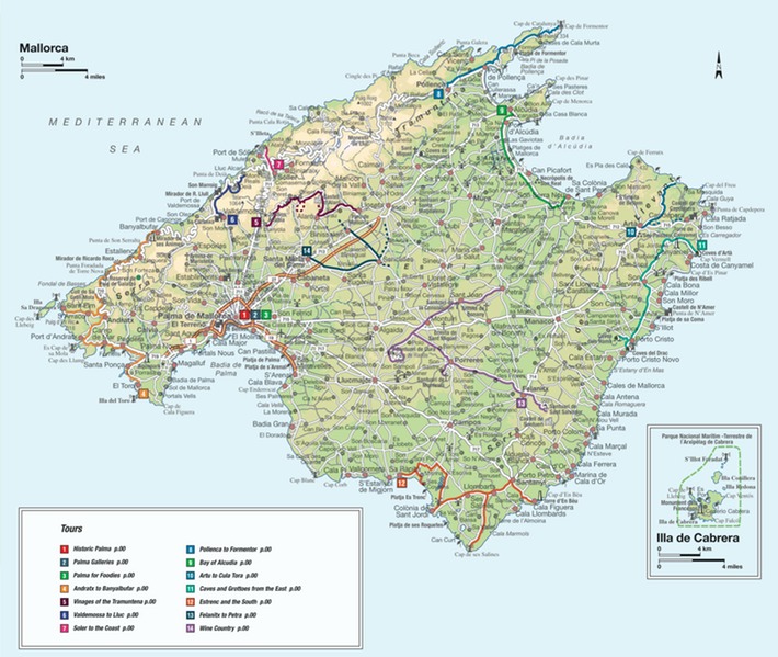 Tourist map of Mallorca showing recommended tours of the island.