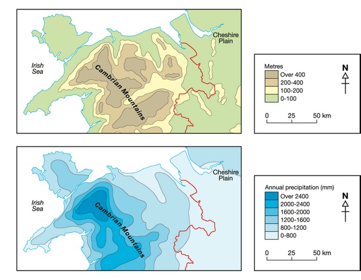 Map showing the relationship between altitude and precipitation in North Wales.